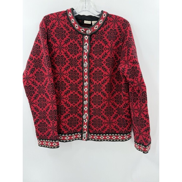 L.L. Bean Women’s Red Black Nordic Fair Isle Sweater Cardigan Cotton Size Medium - Picture 1 of 12